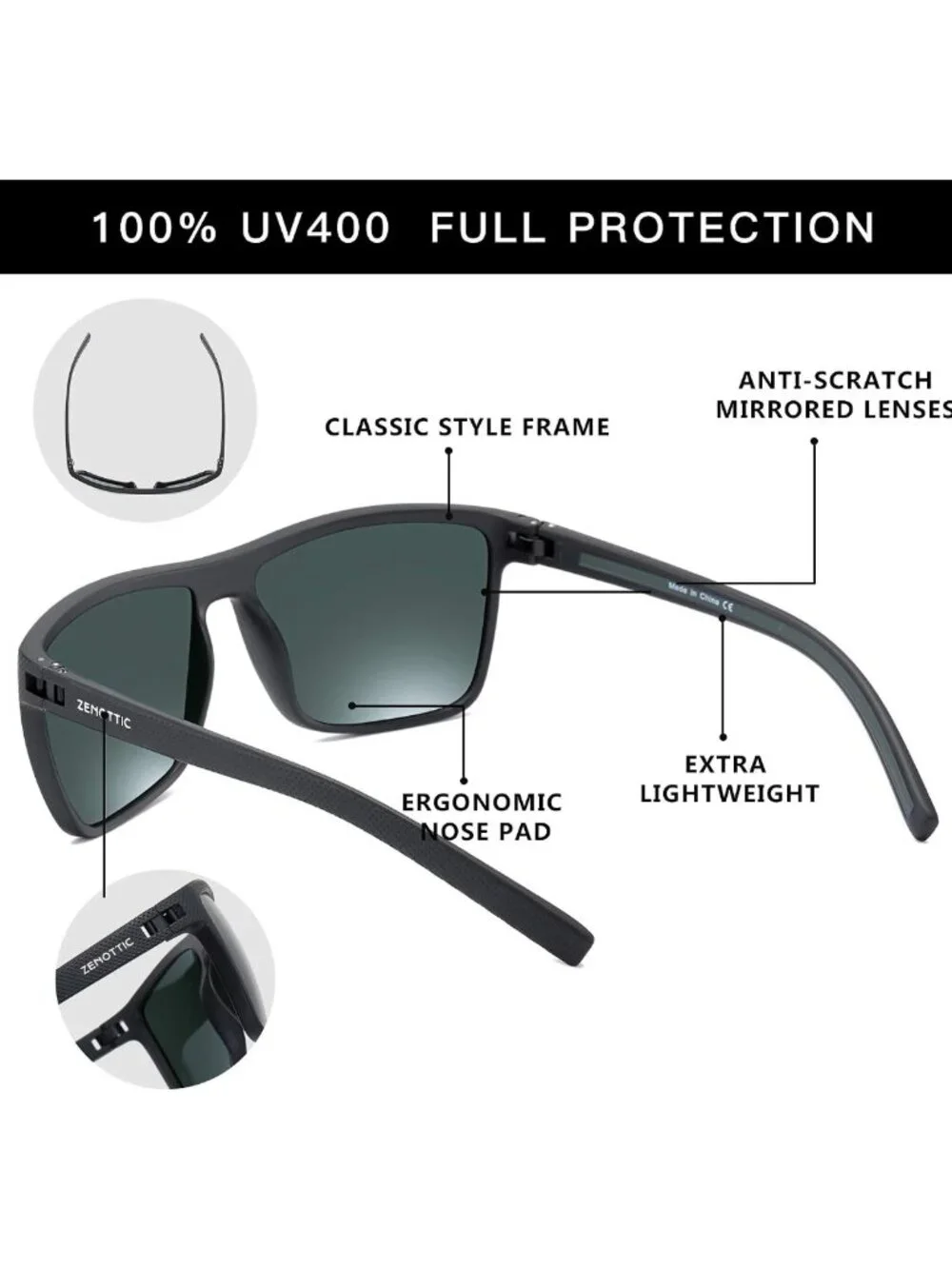 Lightweight Polarized Sunglasses for Men, UV400 Protection, Square TR90 Frame